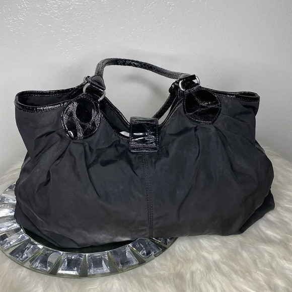 Brighton Black Nylon Shoulder Bag With Silver Buckle Leather Trim and Detail - Picture 3 of 12